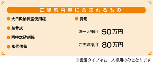 ご契約内容に含まれるもの ・大日殿納骨室使用権・納骨式・阿吽之碑刻銘・永代供養・費用・お一人様用50万円ご夫婦様用80万円・霊園タイプはお一人様用のみとなります。